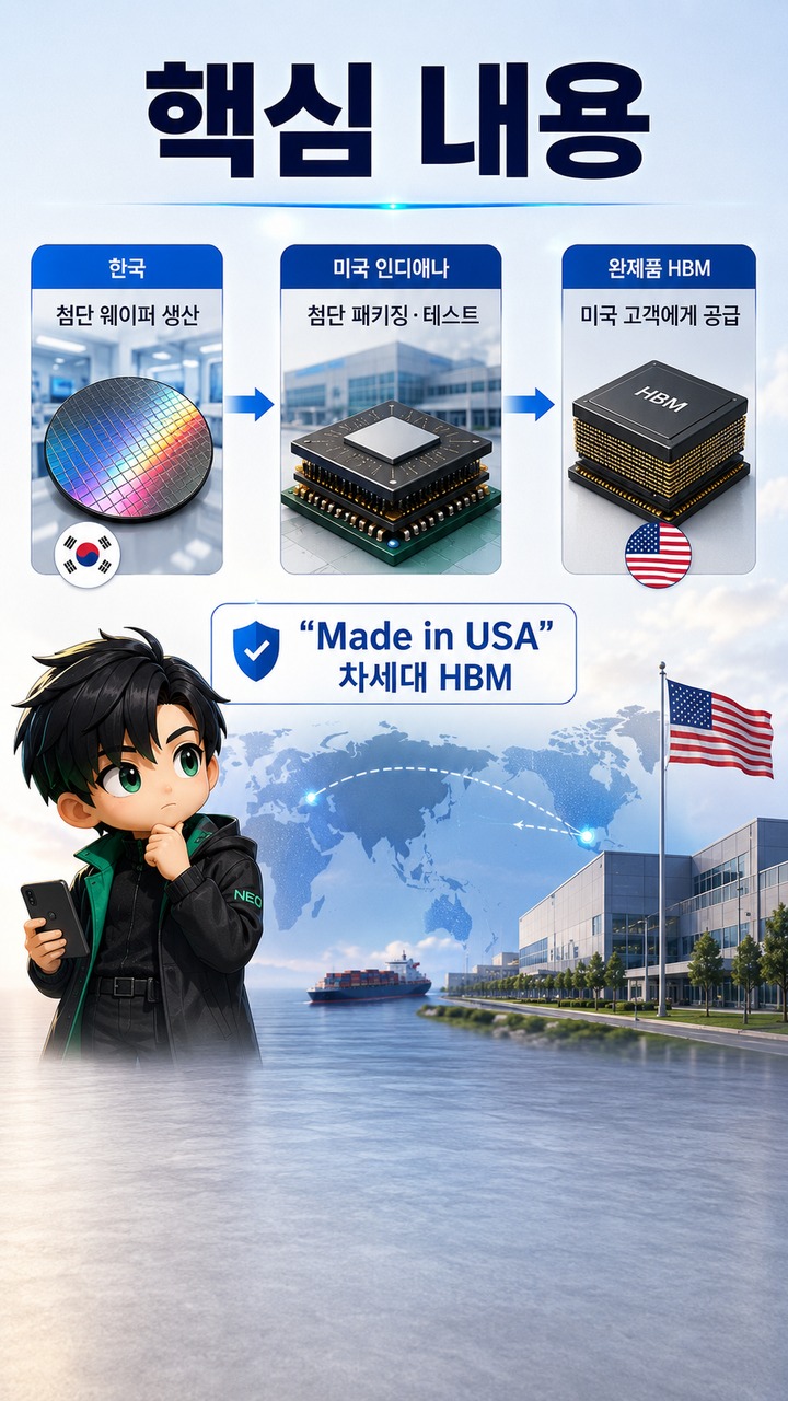 SK하이닉스 인디애나 HBM은 미국산일까? 한국 웨이퍼·미국 패키징 구조 정리 - 핵심 내용 핵심 내용을 정리한 정보형 이미지