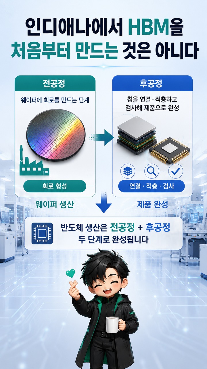 SK하이닉스 인디애나 HBM은 미국산일까? 한국 웨이퍼·미국 패키징 구조 정리 - 인디애나에서 HBM을 처음부터 만드는 것은 아니다 핵심 내용을 정리한 정보형 이미지