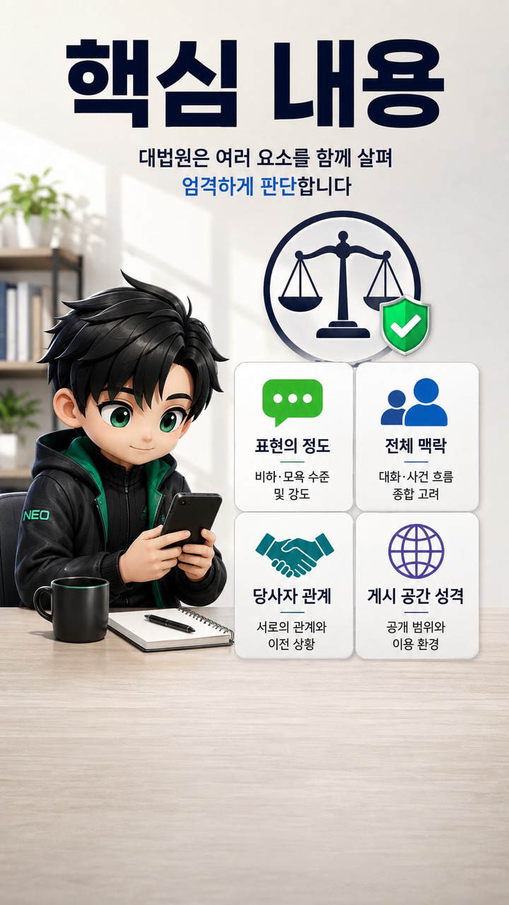 댓글 욕설 어디까지 모욕죄일까? 대법원 판례로 보는 처벌 기준 - 핵심 내용 핵심 내용을 정리한 정보형 이미지