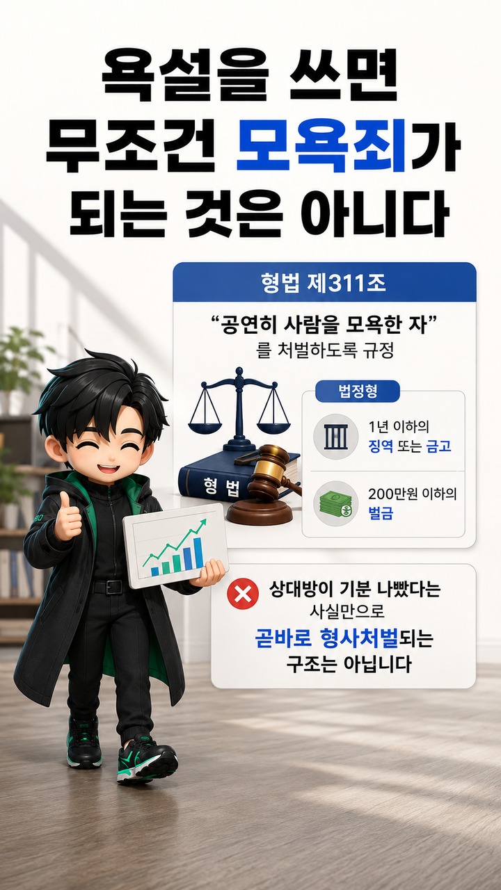 댓글 욕설 어디까지 모욕죄일까? 대법원 판례로 보는 처벌 기준 - 욕설을 쓰면 무조건 모욕죄가 되는 것은 아니다 핵심 내용을 정리한 정보형 이미지