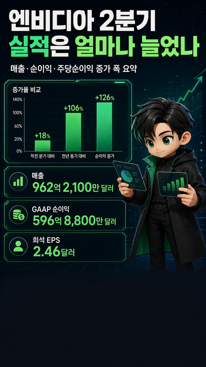 엔비디아 실적 962억달러, 주가 8.7% 급등…다음 분기 1080억달러 전망까지 - 엔비디아 2분기 실적은 얼마나 늘었나 핵심 내용을 정리한 정보형 이미지