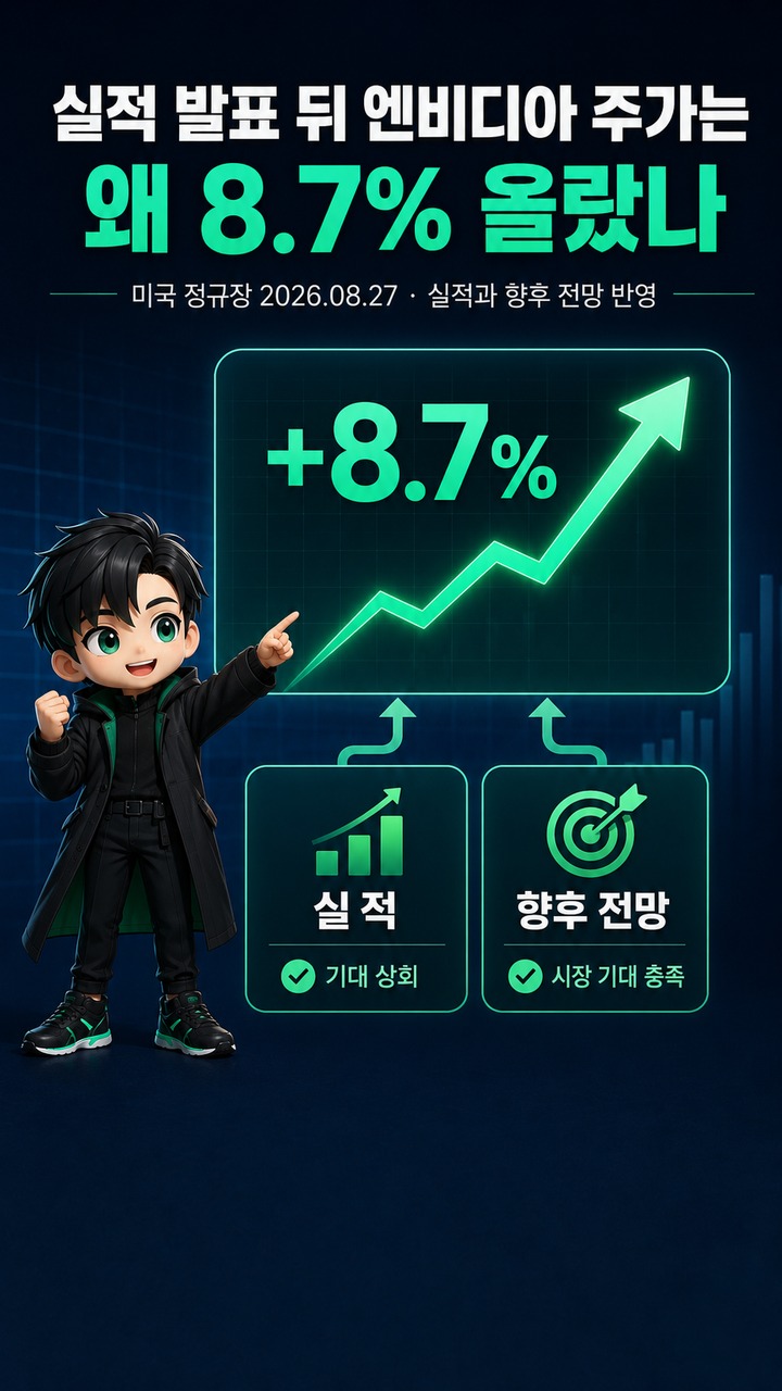 엔비디아 실적 962억달러, 주가 8.7% 급등…다음 분기 1080억달러 전망까지 - 실적 발표 뒤 엔비디아 주가는 왜 8.7% 올랐나 핵심 내용을 정리한 정보형 이미지
