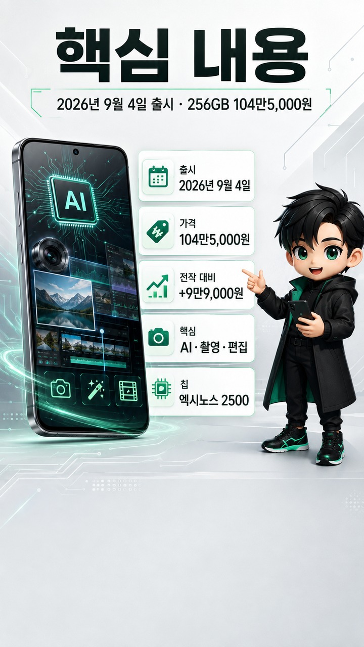 갤럭시 S26 FE 104만5천원, S25 FE와 비교해 AI·카메라는 무엇이 달라졌나 - 핵심 내용 핵심 내용을 정리한 정보형 이미지