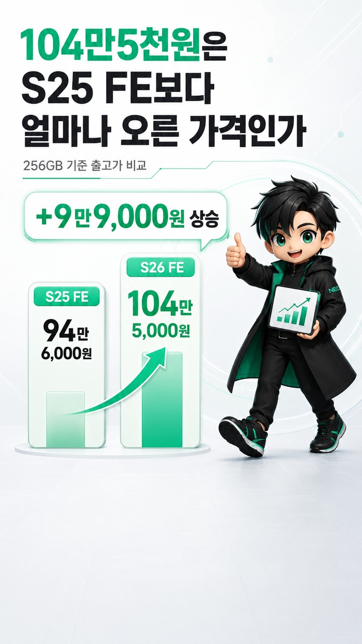 갤럭시 S26 FE 104만5천원, S25 FE와 비교해 AI·카메라는 무엇이 달라졌나 - 104만5천원은 S25 FE보다 얼마나 오른 가격인가 핵심 내용을 정리한 정보형 이미지