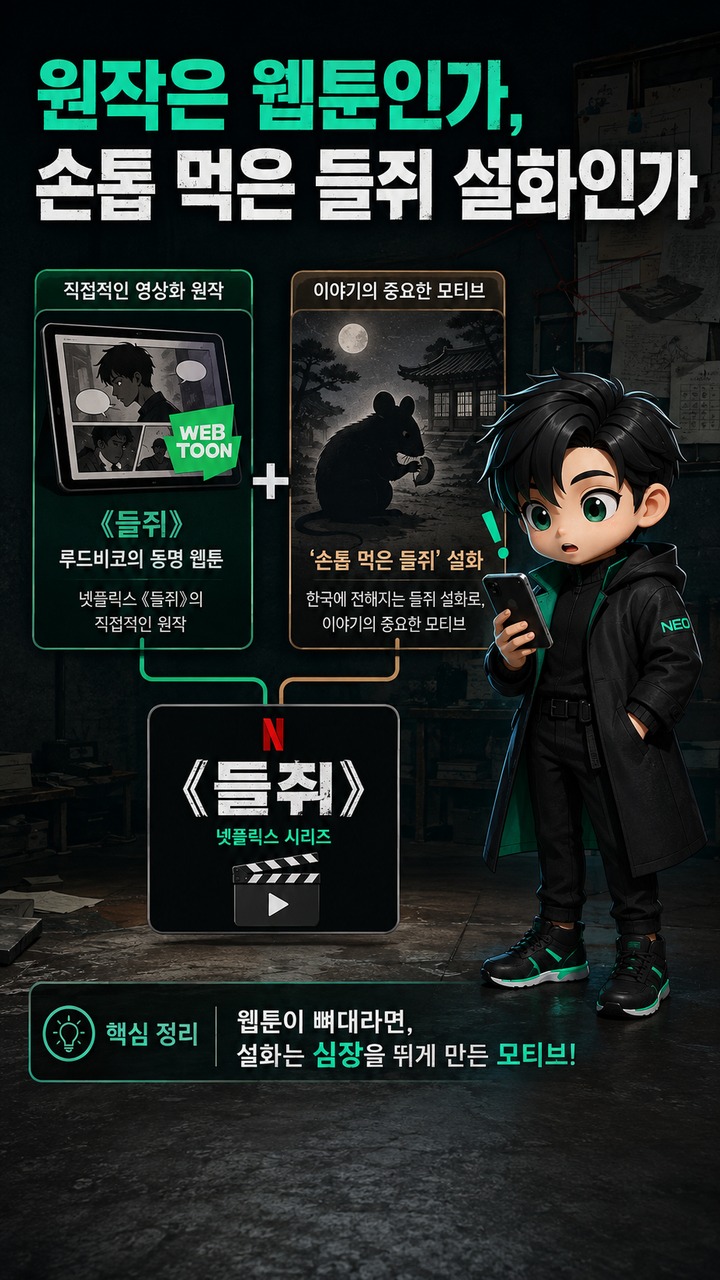 들쥐 10부작 공개, 류준열 1인 2역과 웹툰·손톱 먹은 들쥐 설화의 관계 - 원작은 웹툰인가, 손톱 먹은 들쥐 설화인가 핵심 내용을 정리한 정보형 이미지