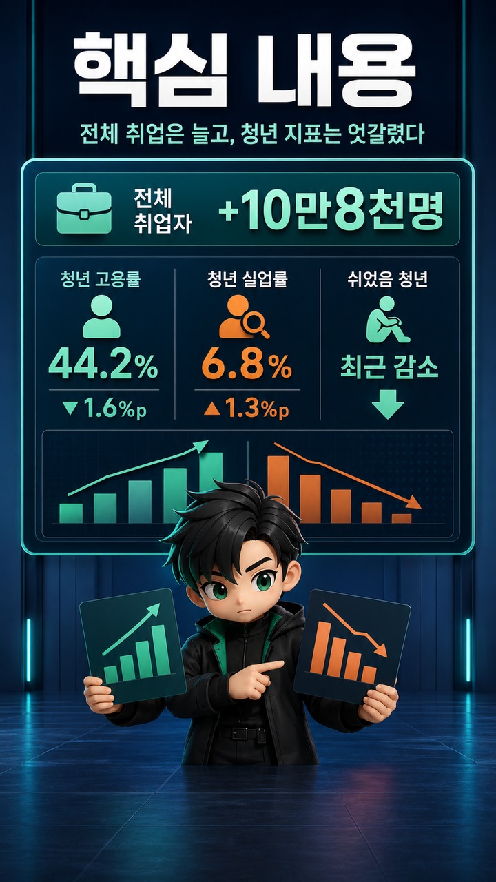 한국 대졸 취업난 더 뚜렷해졌다…청년 고용률 44.2%, 25~29세도 하락 - 핵심 내용 핵심 내용을 정리한 정보형 이미지