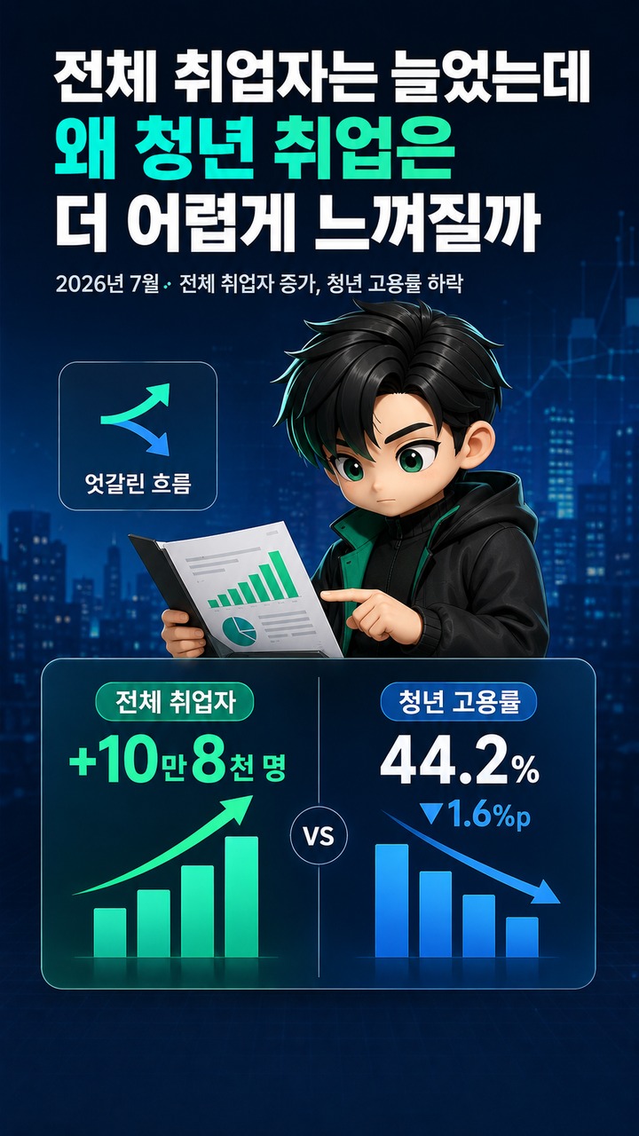 한국 대졸 취업난 더 뚜렷해졌다…청년 고용률 44.2%, 25~29세도 하락 - 전체 취업자는 늘었는데 왜 청년 취업은 더 어렵게 느껴질까 핵심 내용을 정리한 정보형 이미지