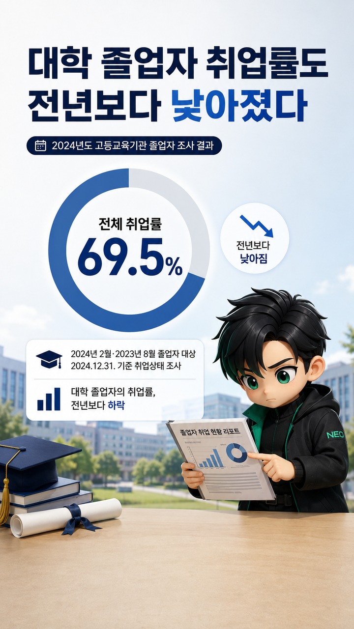 한국 대졸 취업난 더 뚜렷해졌다…청년 고용률 44.2%, 25~29세도 하락 - 대학 졸업자 취업률도 전년보다 낮아졌다 핵심 내용을 정리한 정보형 이미지