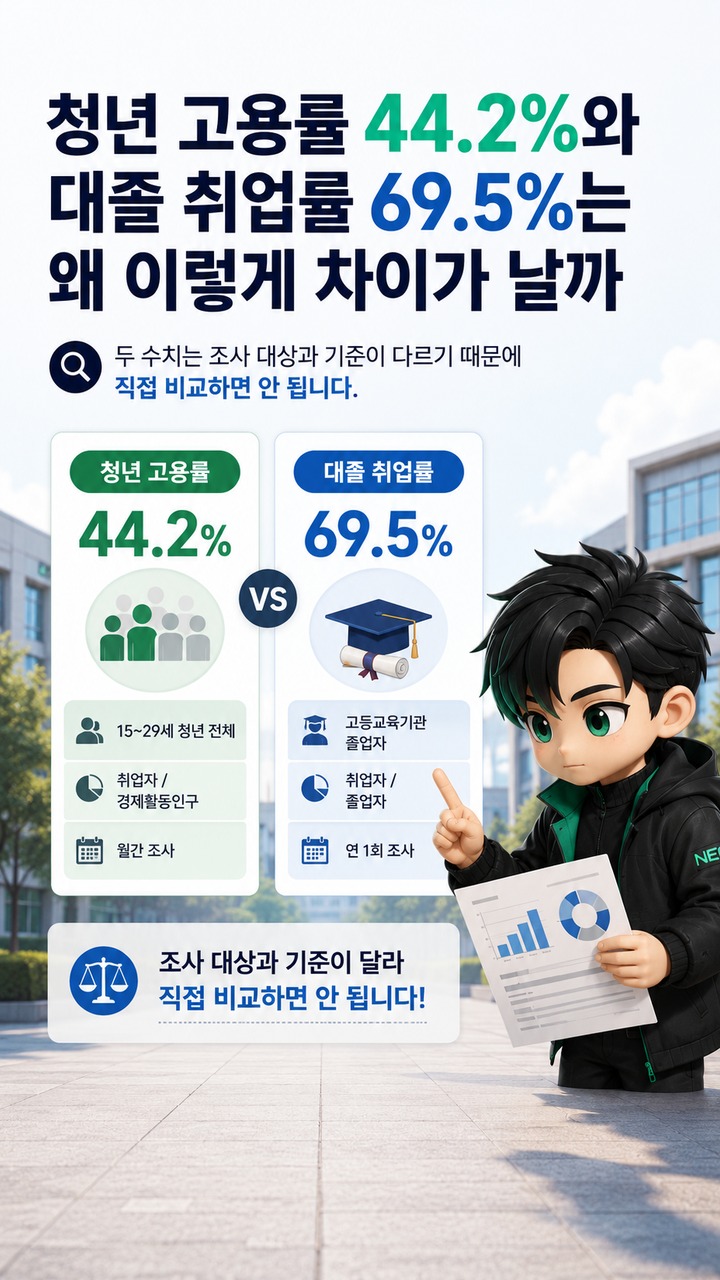한국 대졸 취업난 더 뚜렷해졌다…청년 고용률 44.2%, 25~29세도 하락 - 청년 고용률 44.2%와 대졸 취업률 69.5%는 왜 이렇게 차이가 날까 핵심 내용을 정리한 정보형 이미지