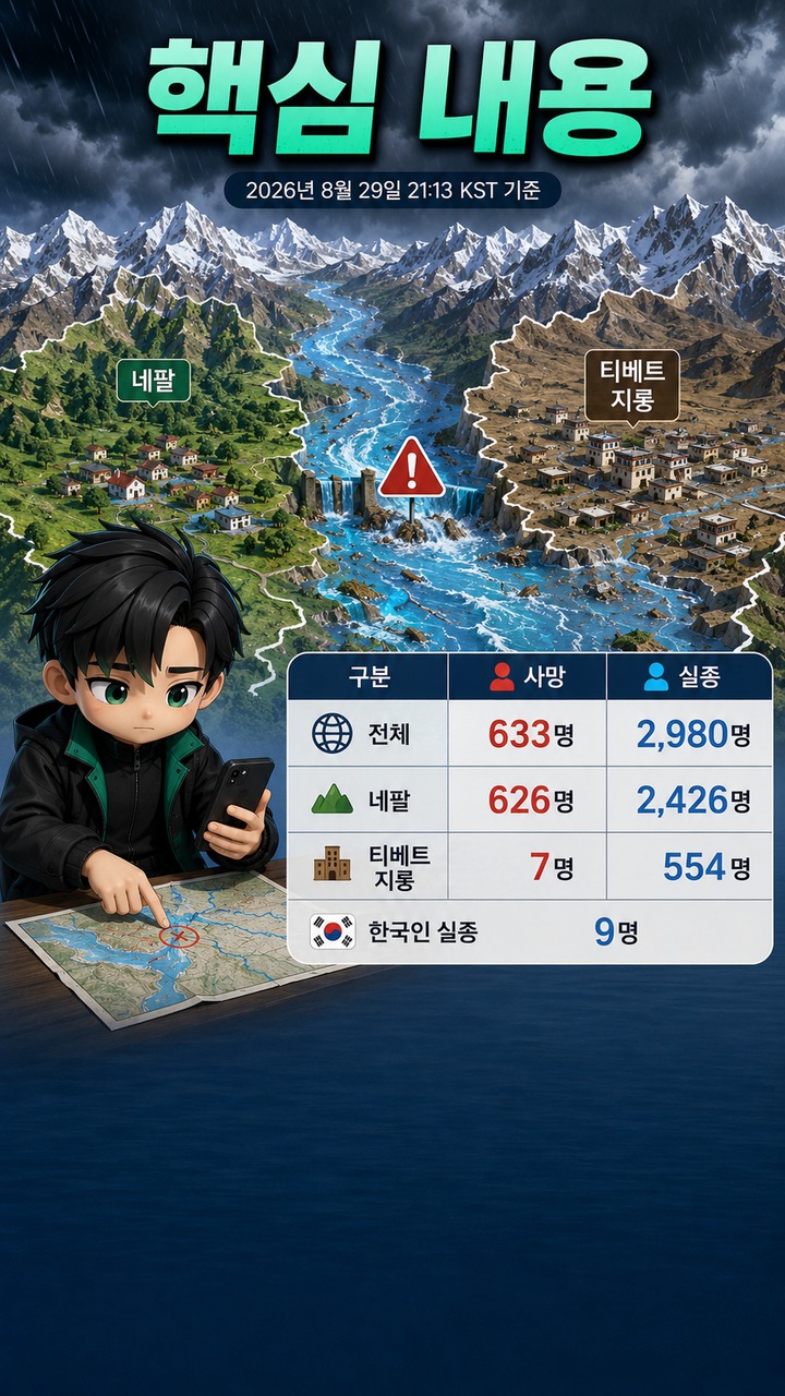 네팔·티베트 대홍수 사망 633명·실종 2,980명, 8월 27일보다 얼마나 늘었나 - 핵심 내용 핵심 내용을 정리한 정보형 이미지