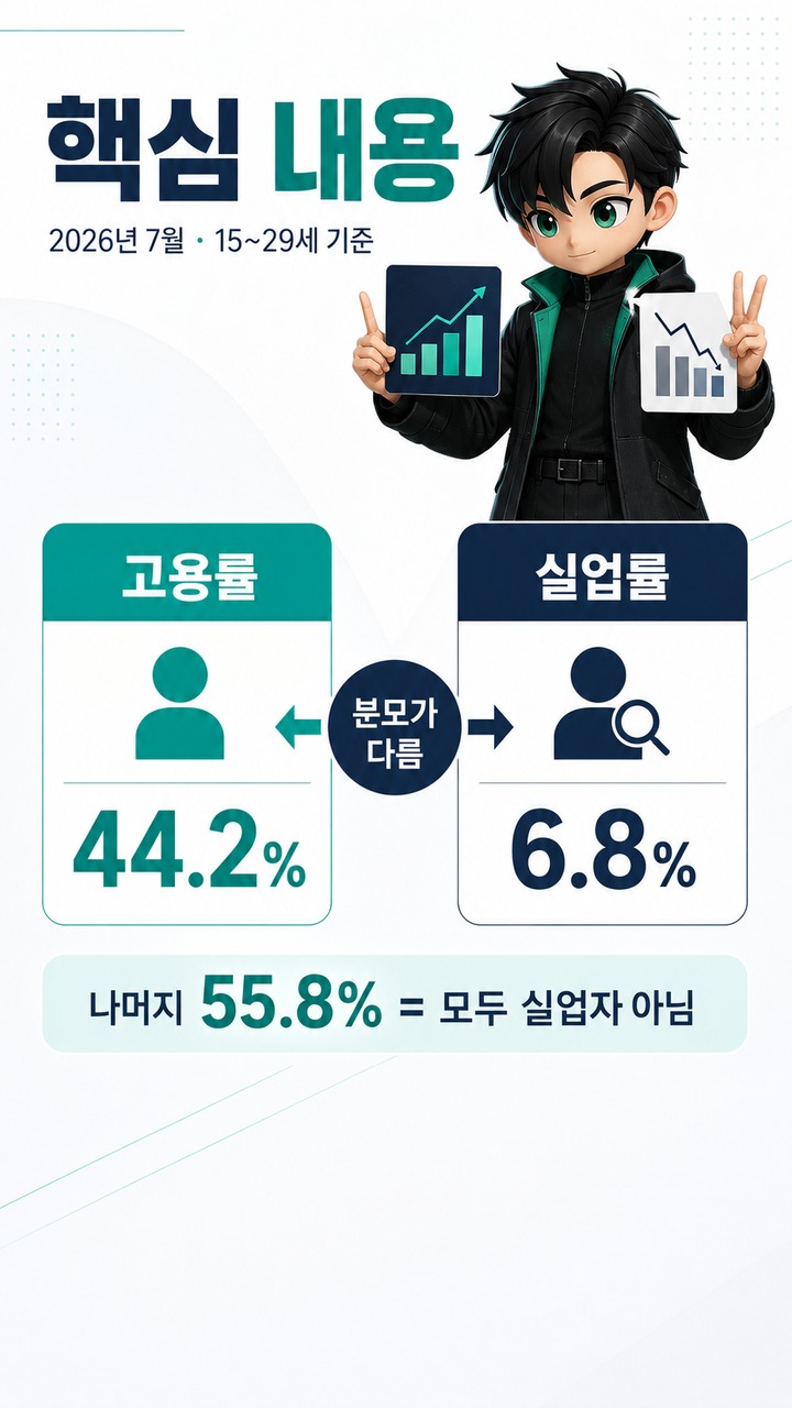 청년 고용률 44.2%인데 실업률은 6.8%인 이유, 100명으로 보면 이해된다 - 핵심 내용 핵심 내용을 정리한 정보형 이미지