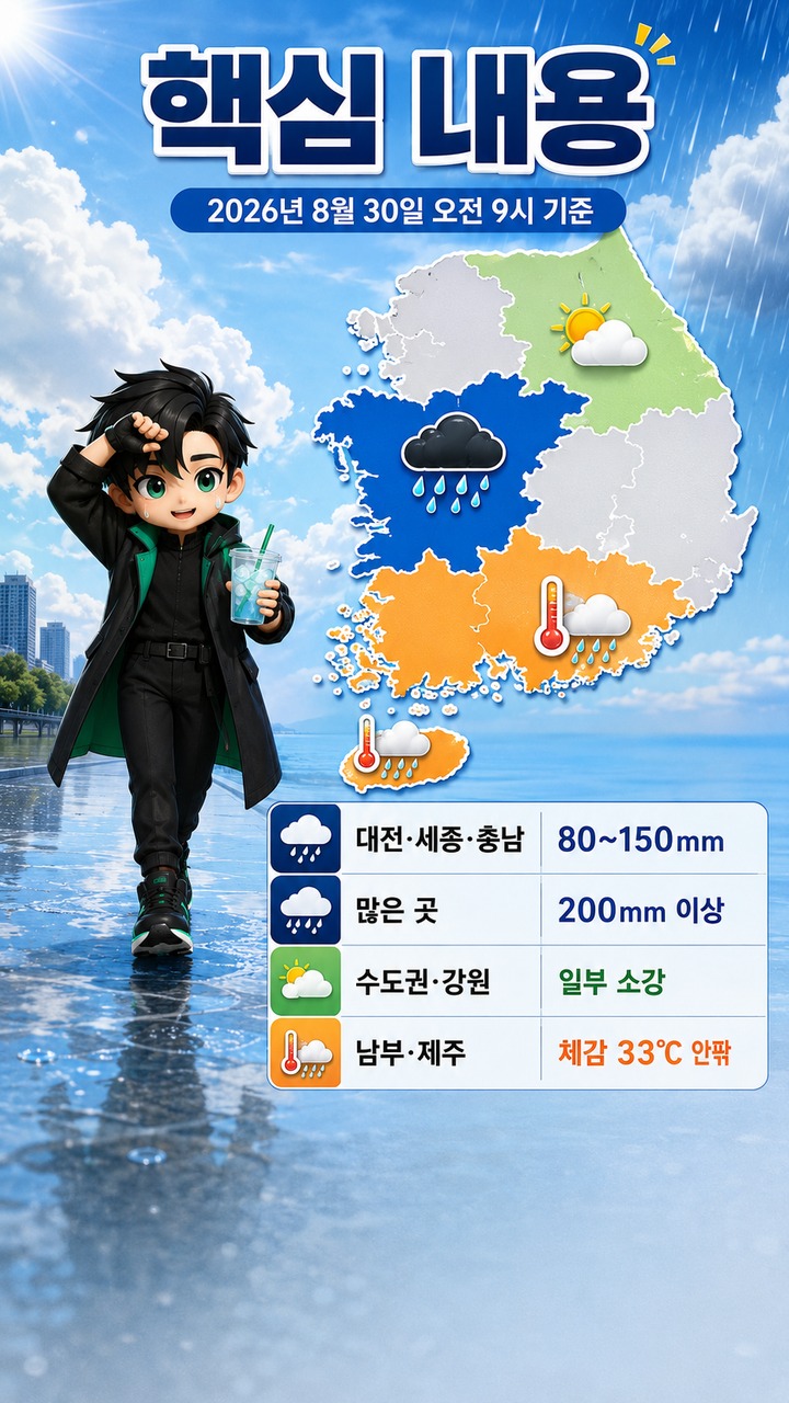 8월 30일 날씨, 충청권 80~150mm 비…수도권 일부는 소강 - 핵심 내용 핵심 내용을 정리한 정보형 이미지