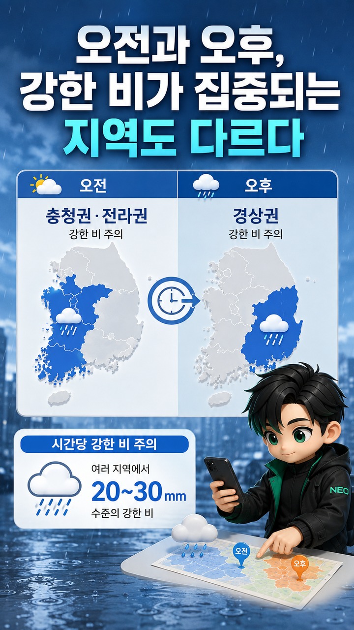 8월 30일 날씨, 충청권 80~150mm 비…수도권 일부는 소강 - 오전과 오후, 강한 비가 집중되는 지역도 다르다 핵심 내용을 정리한 정보형 이미지