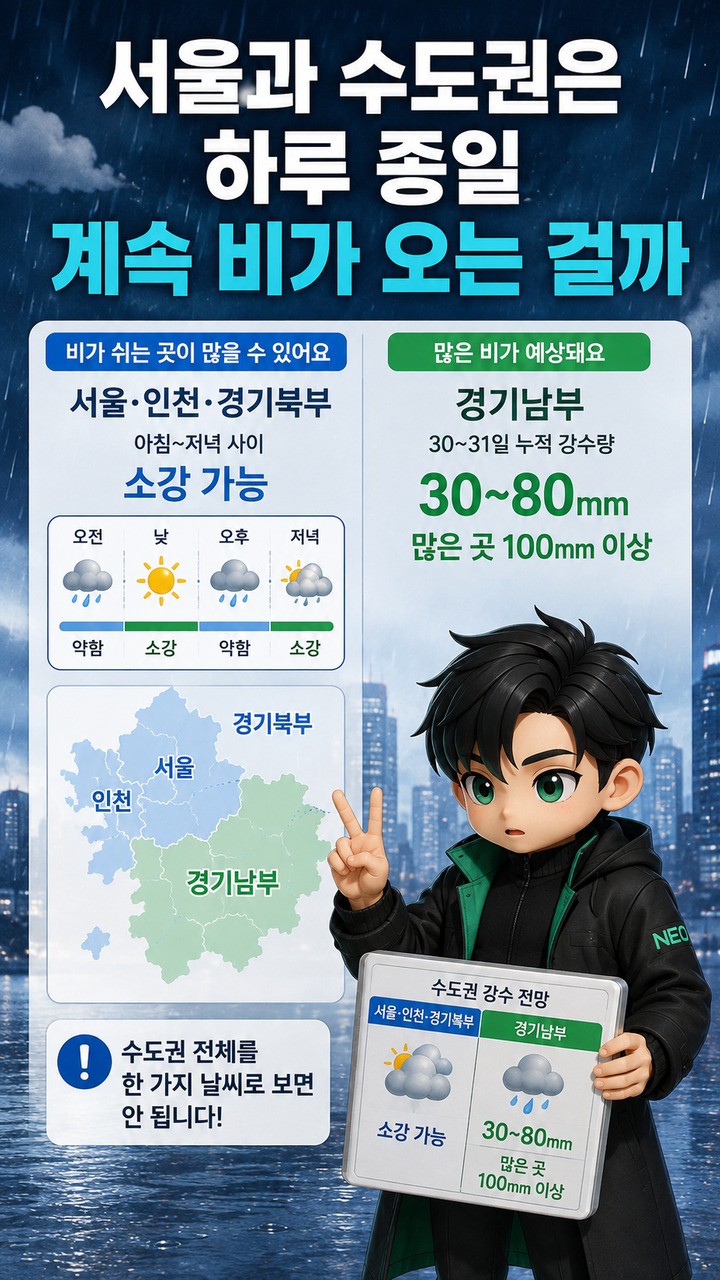 8월 30일 날씨, 충청권 80~150mm 비…수도권 일부는 소강 - 서울과 수도권은 하루 종일 계속 비가 오는 걸까 핵심 내용을 정리한 정보형 이미지