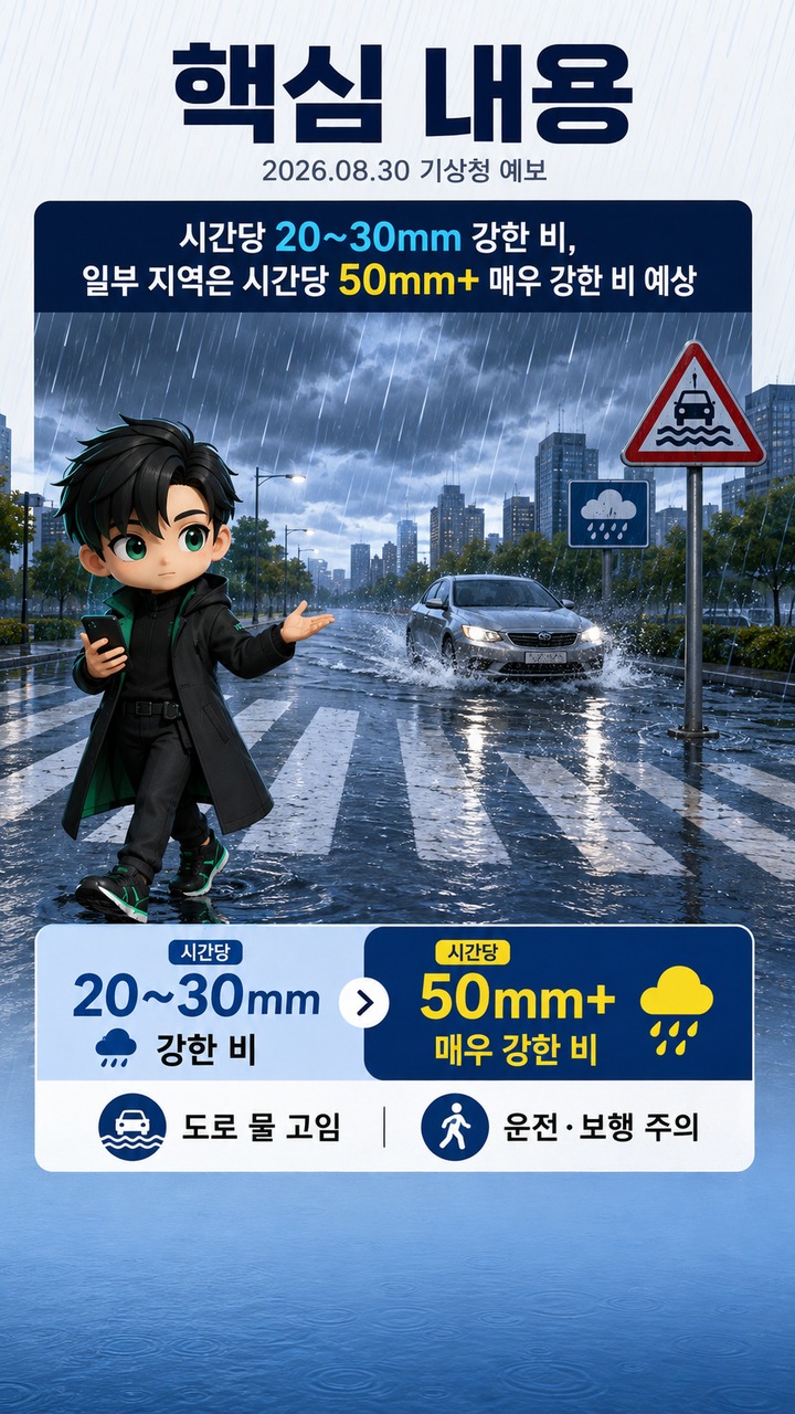 시간당 50mm 비 어느 정도? 운전·지하차도 위험과 호우특보 기준 - 핵심 내용 핵심 내용을 정리한 정보형 이미지