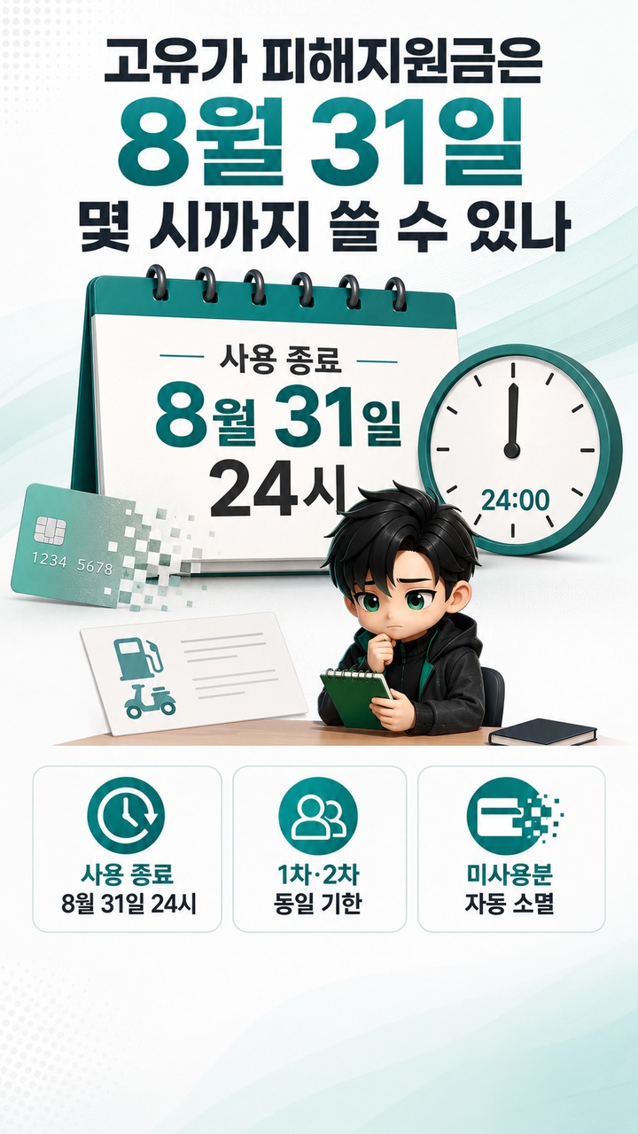 고유가 피해지원금 8월 31일 끝, 남은 잔액·주유소·배달앱 사용 기준 - 고유가 피해지원금은 8월 31일 몇 시까지 쓸 수 있나 핵심 내용을 정리한 정보형 이미지