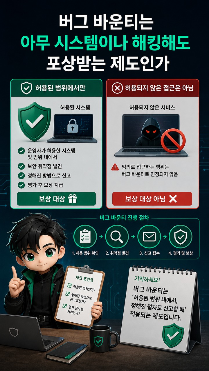 망고스·버그 바운티·컨티뉴에이션 비히클, 2026년 8월 현재 읽는 법 - 버그 바운티는 아무 시스템이나 해킹해도 포상받는 제도인가 핵심 내용을 정리한 정보형 이미지