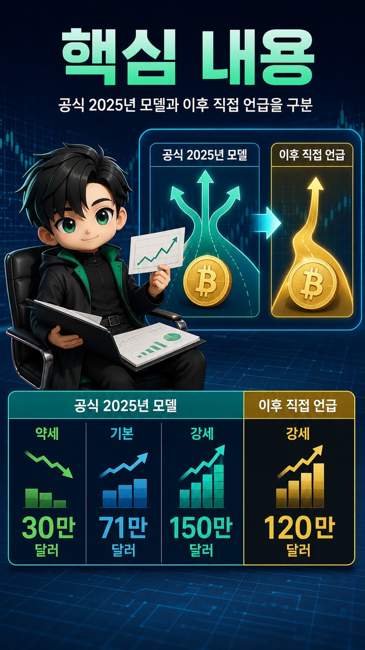 캐시 우드 비트코인 2030 전망, 150만달러에서 120만달러로 달라진 숫자의 의미 - 핵심 내용 핵심 내용을 정리한 정보형 이미지