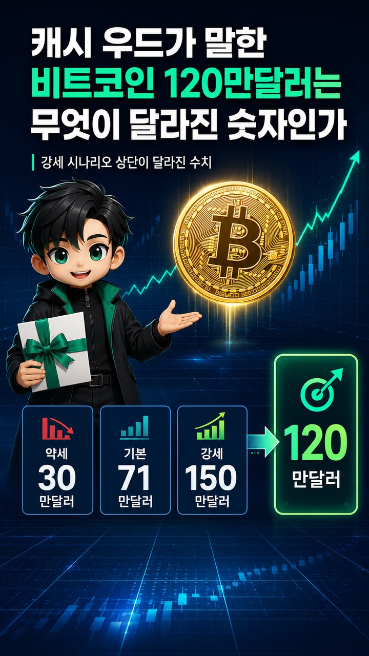 캐시 우드 비트코인 2030 전망, 150만달러에서 120만달러로 달라진 숫자의 의미 - 캐시 우드가 말한 비트코인 120만달러는 무엇이 달라진 숫자인가 핵심 내용을 정리한 정보형 이미지