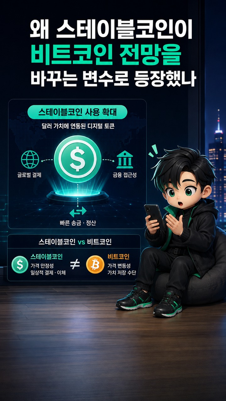 캐시 우드 비트코인 2030 전망, 150만달러에서 120만달러로 달라진 숫자의 의미 - 왜 스테이블코인이 비트코인 전망을 바꾸는 변수로 등장했나 핵심 내용을 정리한 정보형 이미지