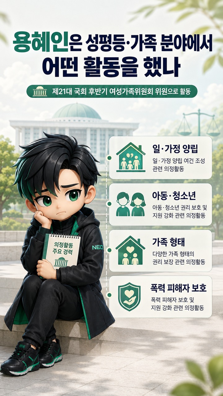 용혜인 장관 지명, 성평등가족부 후보자 된 이유와 의원직 겸직까지 달라지는 점 - 용혜인은 성평등·가족 분야에서 어떤 활동을 했나 핵심 내용을 정리한 정보형 이미지