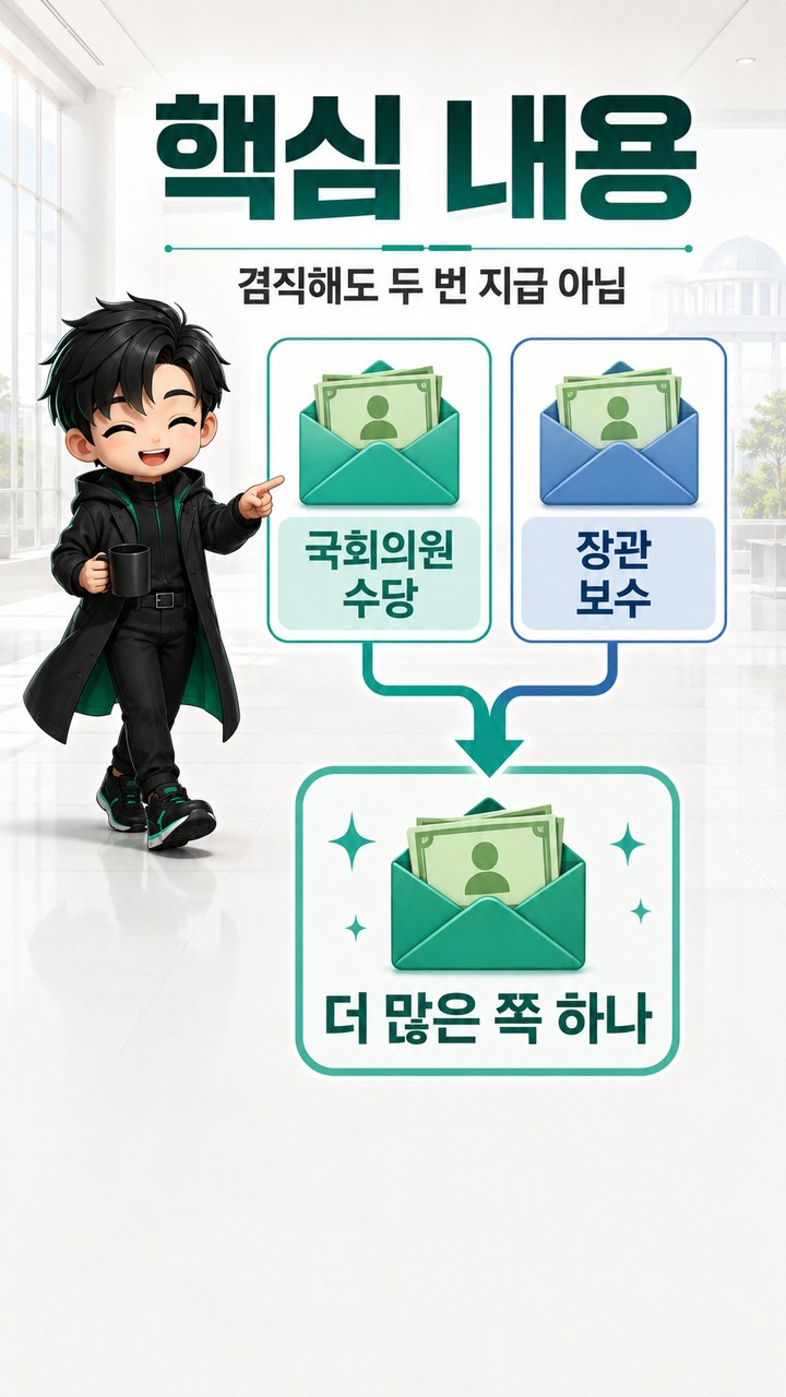장관·국회의원 겸직하면 월급 두 번 받나? 세비는 ‘더 많은 쪽 하나’만 받는다 - 핵심 내용 핵심 내용을 정리한 정보형 이미지