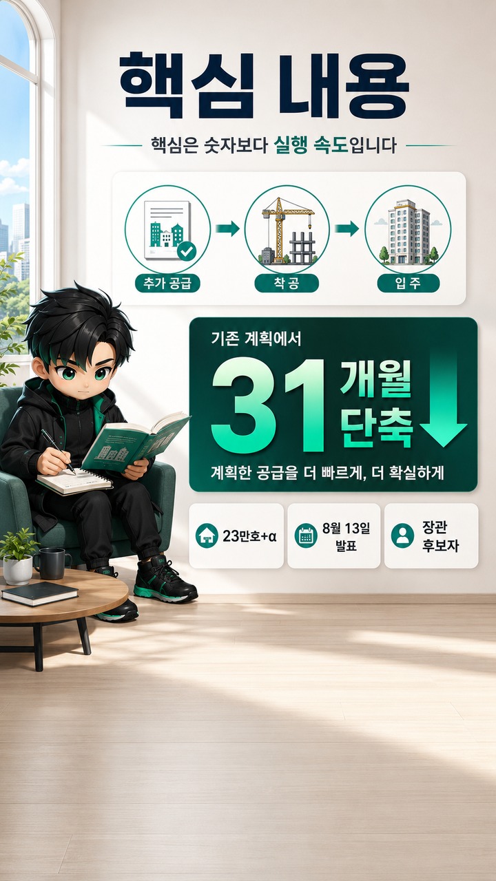 홍지선 주택 공급 속도전, 23만호+α보다 먼저 볼 것은 ‘착공까지 31개월 단축’ - 핵심 내용 핵심 내용을 정리한 정보형 이미지