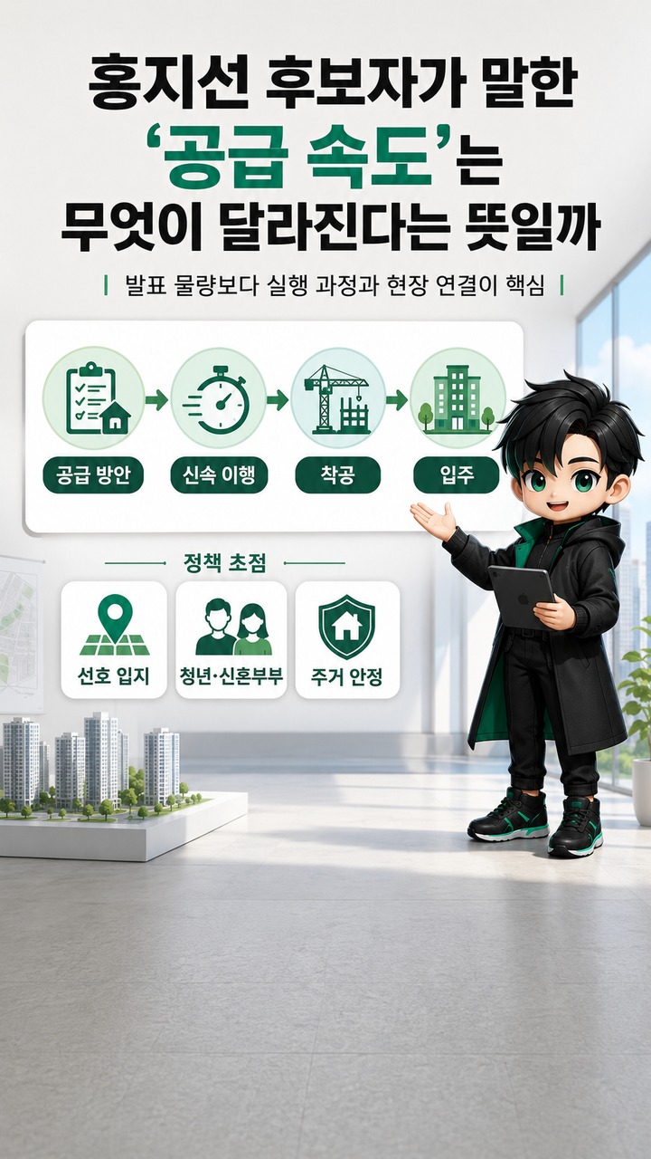 홍지선 주택 공급 속도전, 23만호+α보다 먼저 볼 것은 ‘착공까지 31개월 단축’ - 홍지선 후보자가 말한 ‘공급 속도’는 무엇이 달라진다는 뜻일까 핵심 내용을 정리한 정보형 이미지