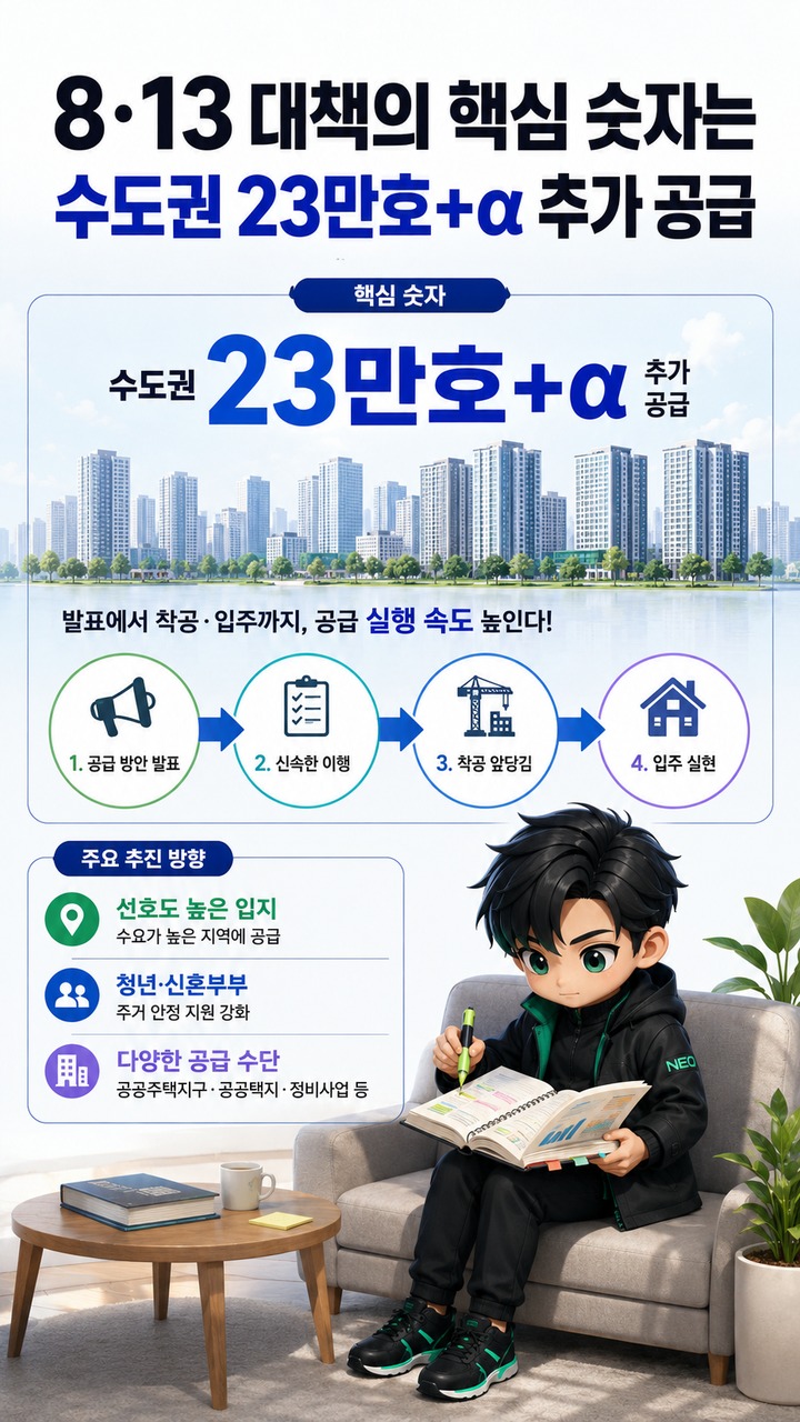 홍지선 주택 공급 속도전, 23만호+α보다 먼저 볼 것은 ‘착공까지 31개월 단축’ - 8·13 대책의 핵심 숫자는 수도권 23만호+α 추가 공급 핵심 내용을 정리한 정보형 이미지