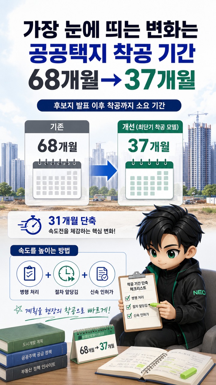 홍지선 주택 공급 속도전, 23만호+α보다 먼저 볼 것은 ‘착공까지 31개월 단축’ - 가장 눈에 띄는 변화는 공공택지 착공 기간 68개월→37개월 핵심 내용을 정리한 정보형 이미지