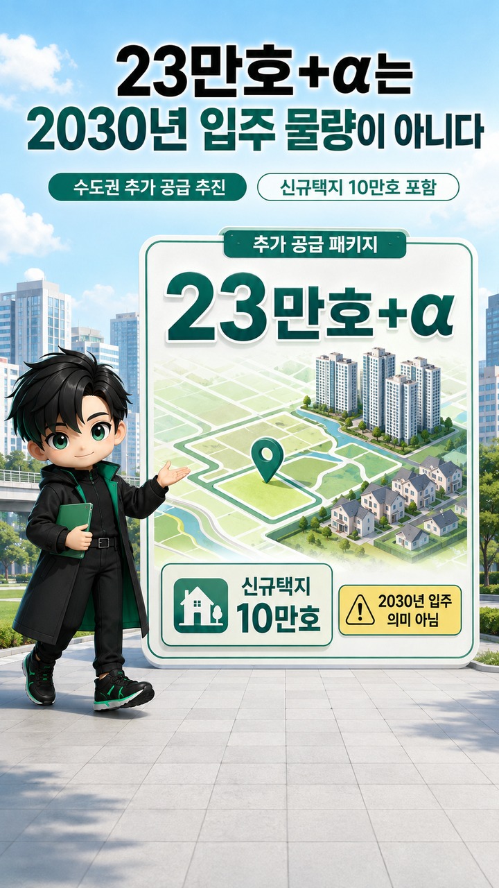 수도권 23만호는 언제 입주할까? 37개월은 입주가 아니라 ‘착공까지’다 - 23만호+α는 2030년 입주 물량이 아니다 핵심 내용을 정리한 정보형 이미지