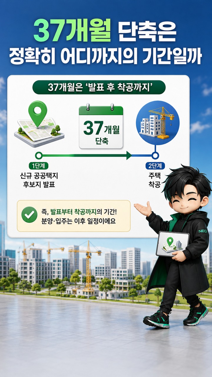 수도권 23만호는 언제 입주할까? 37개월은 입주가 아니라 ‘착공까지’다 - 37개월 단축은 정확히 어디까지의 기간일까 핵심 내용을 정리한 정보형 이미지