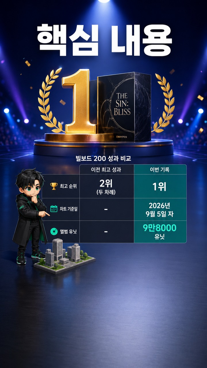 엔하이픈 빌보드 200 첫 1위, ‘THE SIN: BLISS’ 9만8000 유닛·7연속 톱10 - 핵심 내용 핵심 내용을 정리한 정보형 이미지