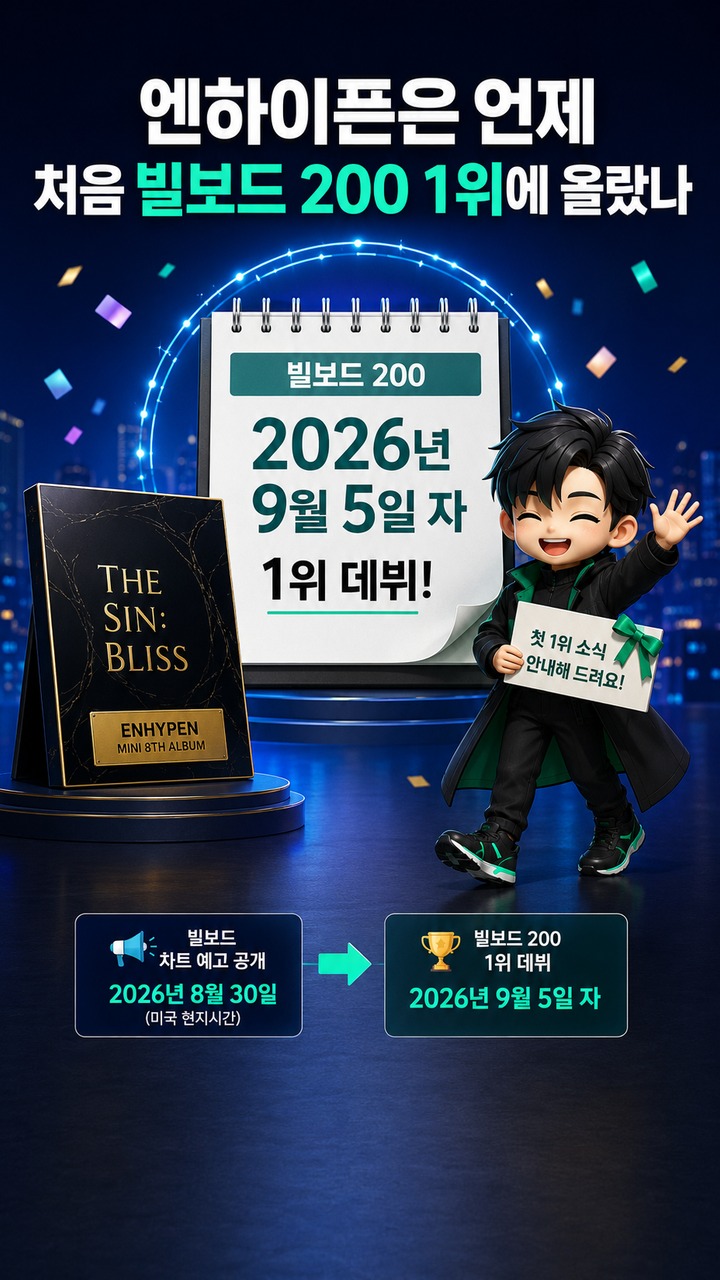 엔하이픈 빌보드 200 첫 1위, ‘THE SIN: BLISS’ 9만8000 유닛·7연속 톱10 - 엔하이픈은 언제 처음 빌보드 200 1위에 올랐나 핵심 내용을 정리한 정보형 이미지