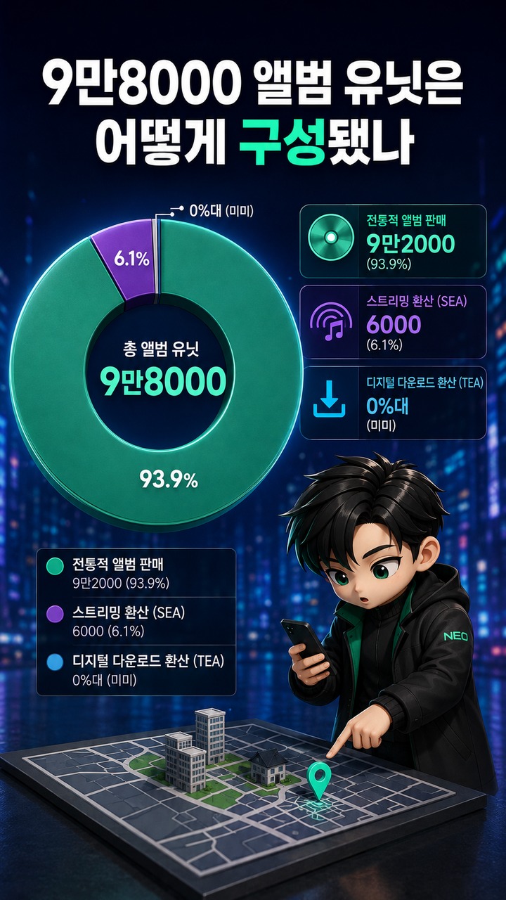 엔하이픈 빌보드 200 첫 1위, ‘THE SIN: BLISS’ 9만8000 유닛·7연속 톱10 - 9만8000 앨범 유닛은 어떻게 구성됐나 핵심 내용을 정리한 정보형 이미지