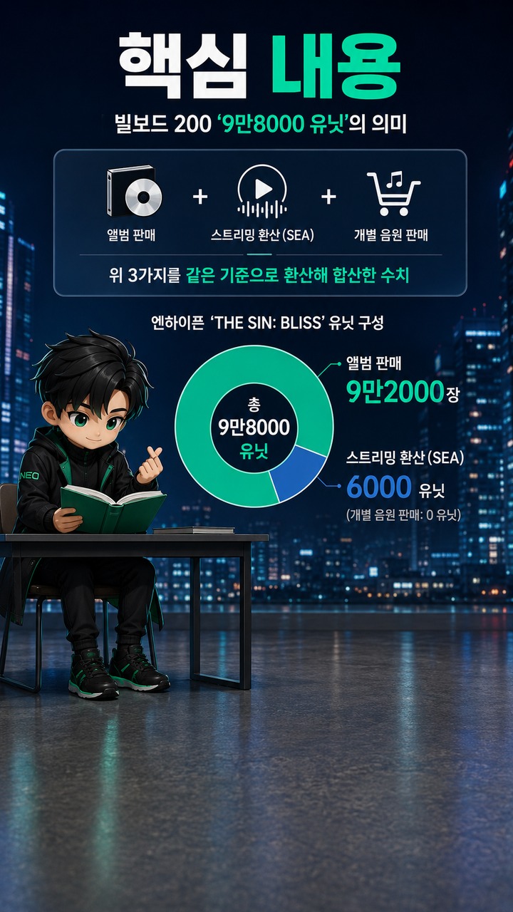 빌보드 200 ‘9만8000 유닛’ 뜻은? 엔하이픈 실제 앨범 판매 9만2000장과 다른 이유 - 핵심 내용 핵심 내용을 정리한 정보형 이미지
