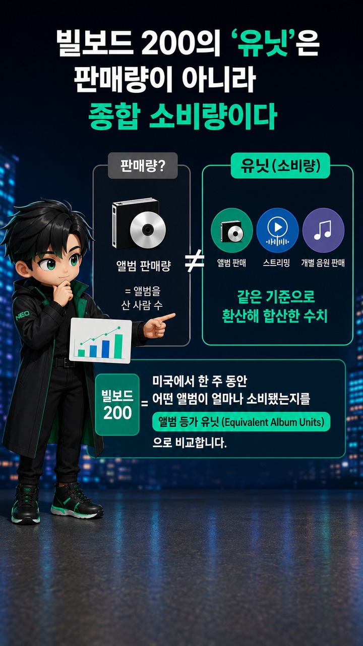 빌보드 200 ‘9만8000 유닛’ 뜻은? 엔하이픈 실제 앨범 판매 9만2000장과 다른 이유 - 빌보드 200의 ‘유닛’은 판매량이 아니라 종합 소비량이다 핵심 내용을 정리한 정보형 이미지