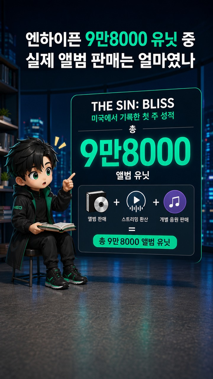 빌보드 200 ‘9만8000 유닛’ 뜻은? 엔하이픈 실제 앨범 판매 9만2000장과 다른 이유 - 엔하이픈 9만8000 유닛 중 실제 앨범 판매는 얼마였나 핵심 내용을 정리한 정보형 이미지