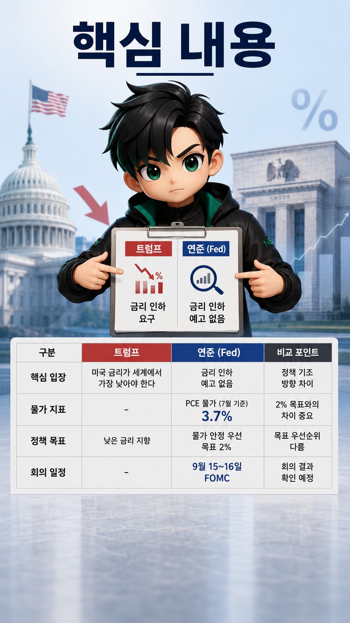 트럼프 금리인하 압박, 연준은 3.7% 물가와 9월 회의를 더 보고 있다 - 핵심 내용 핵심 내용을 정리한 정보형 이미지