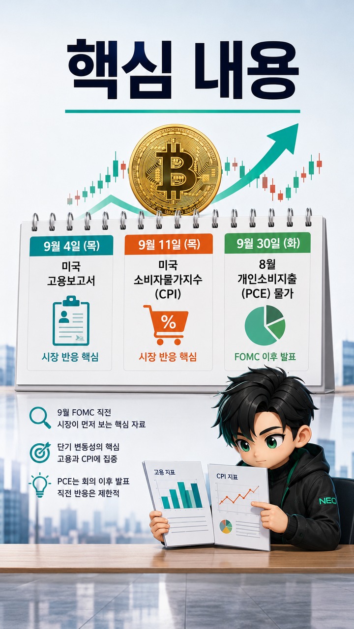 9월 FOMC 전 비트코인 언제 움직이나? 미국 고용·CPI 발표시간과 봐야 할 숫자 - 핵심 내용 핵심 내용을 정리한 정보형 이미지