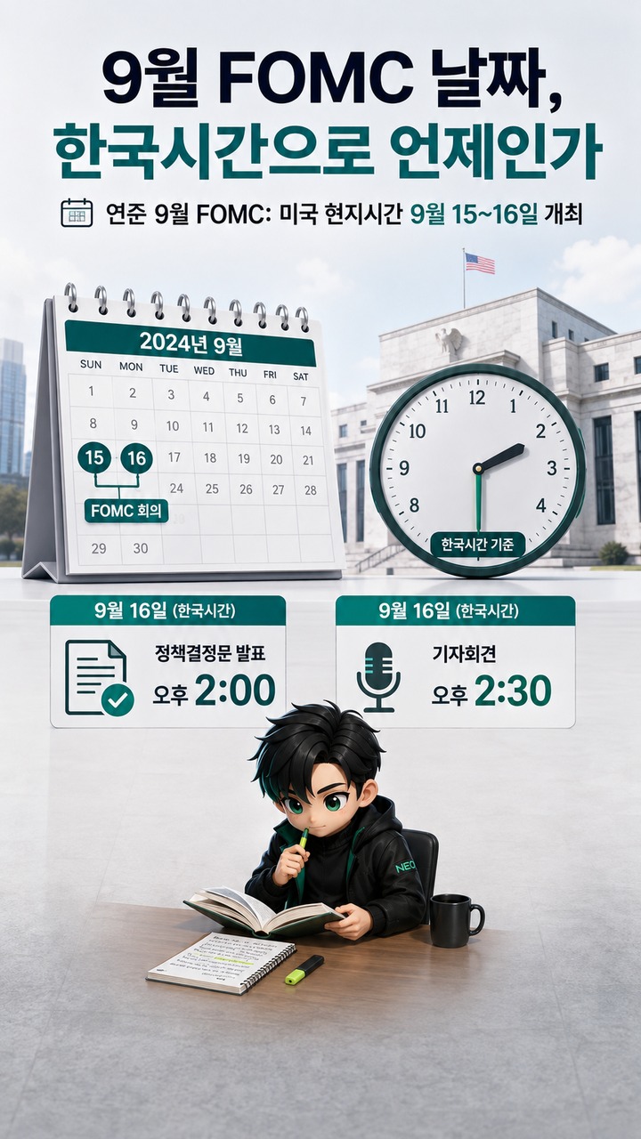 9월 FOMC 전 비트코인 언제 움직이나? 미국 고용·CPI 발표시간과 봐야 할 숫자 - 9월 FOMC 날짜, 한국시간으로 언제인가 핵심 내용을 정리한 정보형 이미지