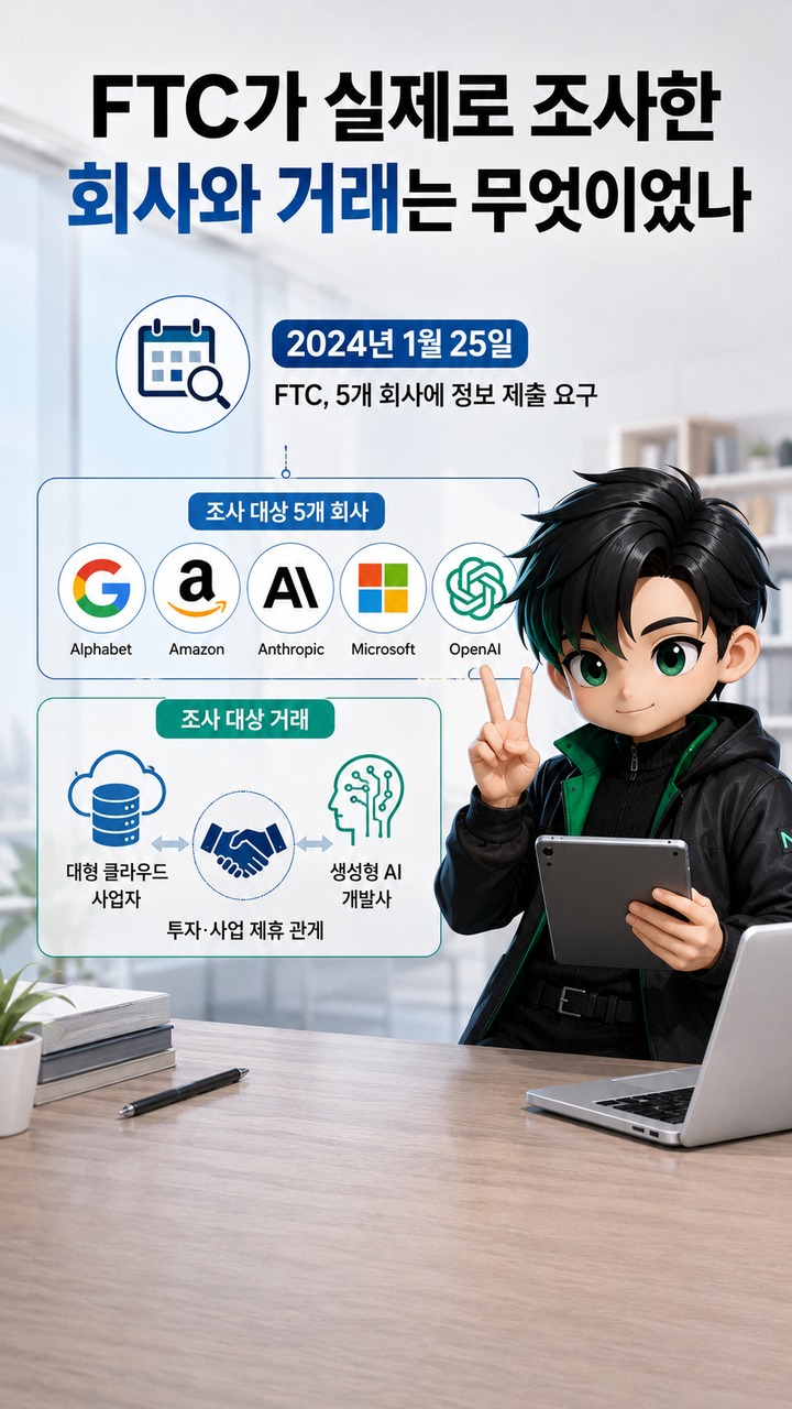 Microsoft·OpenAI·Google AI 제휴 조사, 2024년 FTC 착수 뒤 실제 확인된 결과 - FTC가 실제로 조사한 회사와 거래는 무엇이었나 핵심 내용을 정리한 정보형 이미지