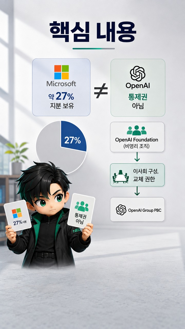 Microsoft가 OpenAI를 소유한 회사일까? 27% 지분과 실제 통제권은 다르다 - 핵심 내용 핵심 내용을 정리한 정보형 이미지