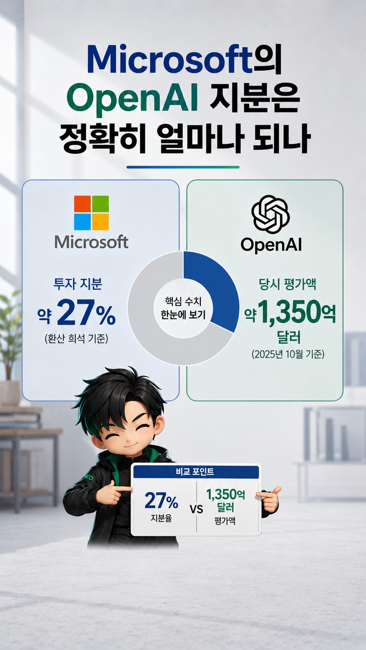 Microsoft가 OpenAI를 소유한 회사일까? 27% 지분과 실제 통제권은 다르다 - Microsoft의 OpenAI 지분은 정확히 얼마나 되나 핵심 내용을 정리한 정보형 이미지