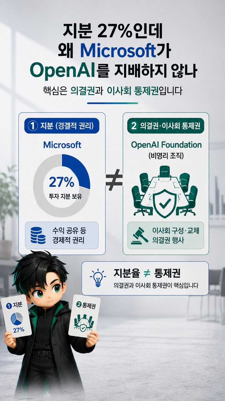 Microsoft가 OpenAI를 소유한 회사일까? 27% 지분과 실제 통제권은 다르다 - 지분 27%인데 왜 Microsoft가 OpenAI를 지배하지 않나 핵심 내용을 정리한 정보형 이미지