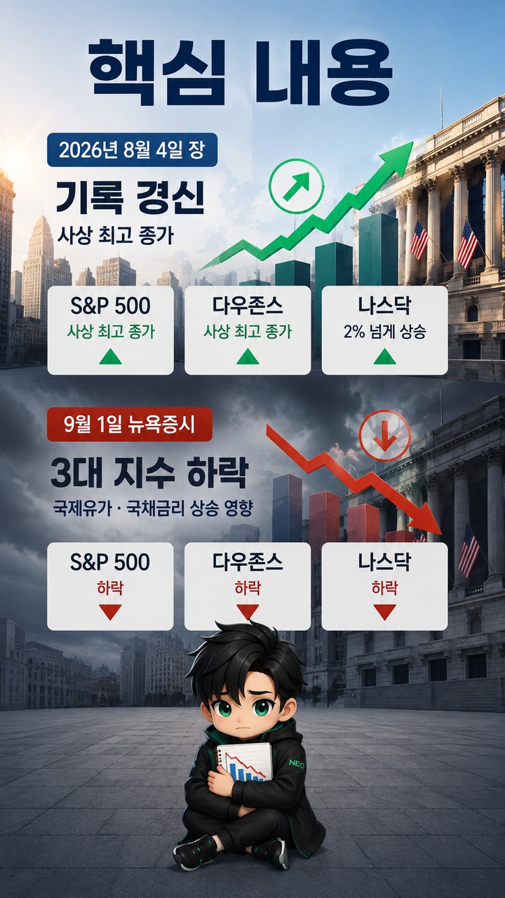 뉴욕증시 S&P500·다우 8월 4일 최고치, 호르무즈 기대와 AI 실적 뒤 9월엔 흐름이 달라졌다 - 핵심 내용 핵심 내용을 정리한 정보형 이미지