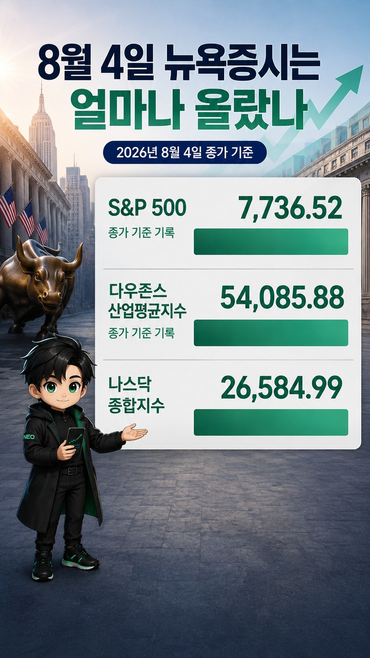 뉴욕증시 S&P500·다우 8월 4일 최고치, 호르무즈 기대와 AI 실적 뒤 9월엔 흐름이 달라졌다 - 8월 4일 뉴욕증시는 얼마나 올랐나 핵심 내용을 정리한 정보형 이미지