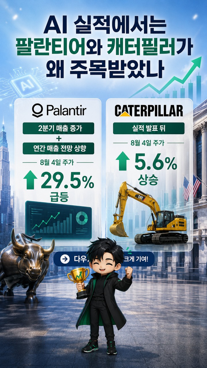 뉴욕증시 S&P500·다우 8월 4일 최고치, 호르무즈 기대와 AI 실적 뒤 9월엔 흐름이 달라졌다 - AI 실적에서는 팔란티어와 캐터필러가 왜 주목받았나 핵심 내용을 정리한 정보형 이미지