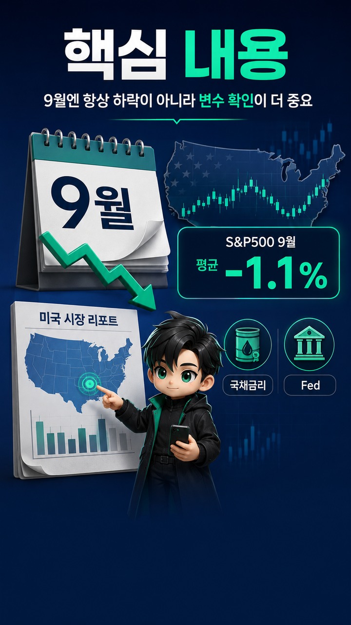 미국 증시는 왜 9월에 약할까? S&P500 ‘9월 효과’가 2026년에도 통할지 보는 기준 - 핵심 내용 핵심 내용을 정리한 정보형 이미지