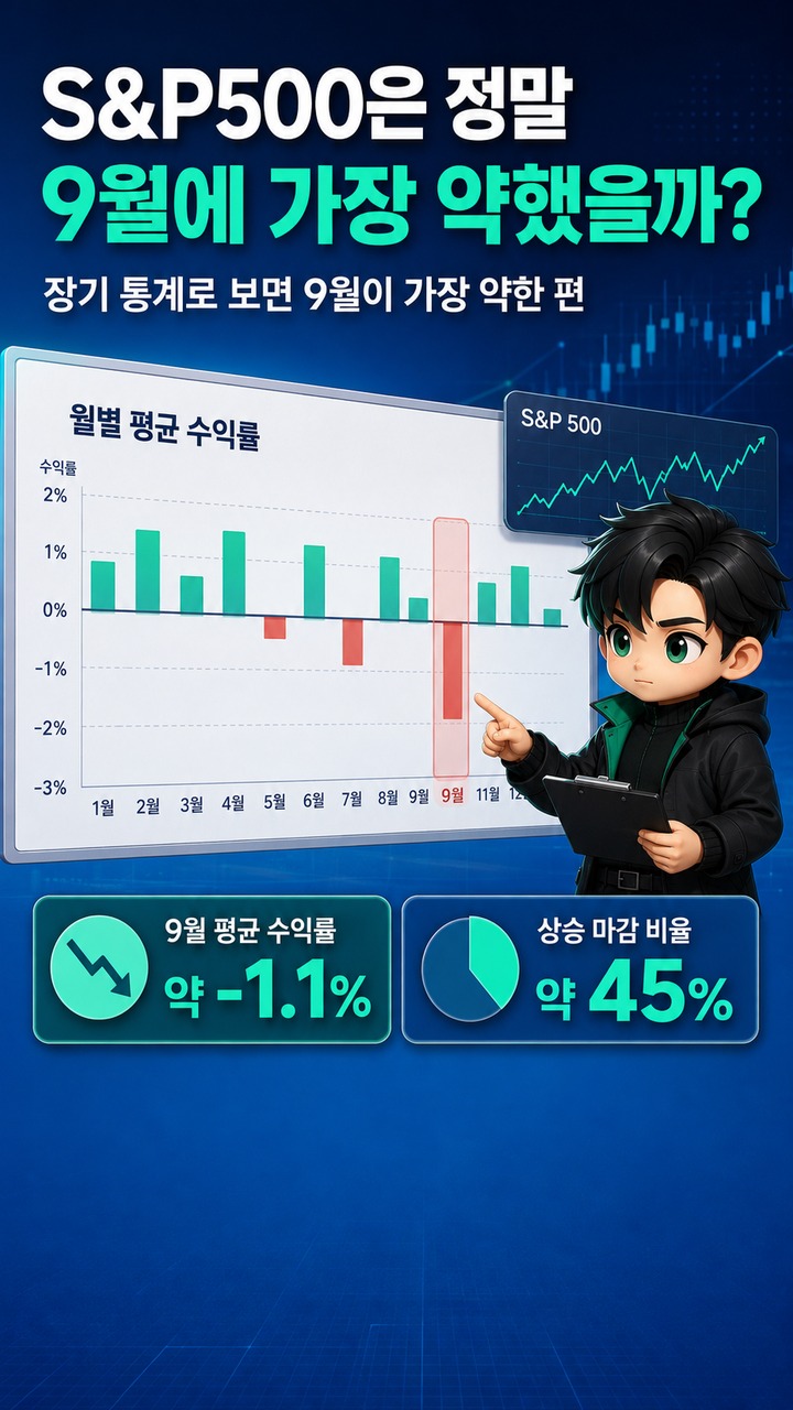 미국 증시는 왜 9월에 약할까? S&P500 ‘9월 효과’가 2026년에도 통할지 보는 기준 - S&P500은 정말 9월에 가장 약했을까? 핵심 내용을 정리한 정보형 이미지
